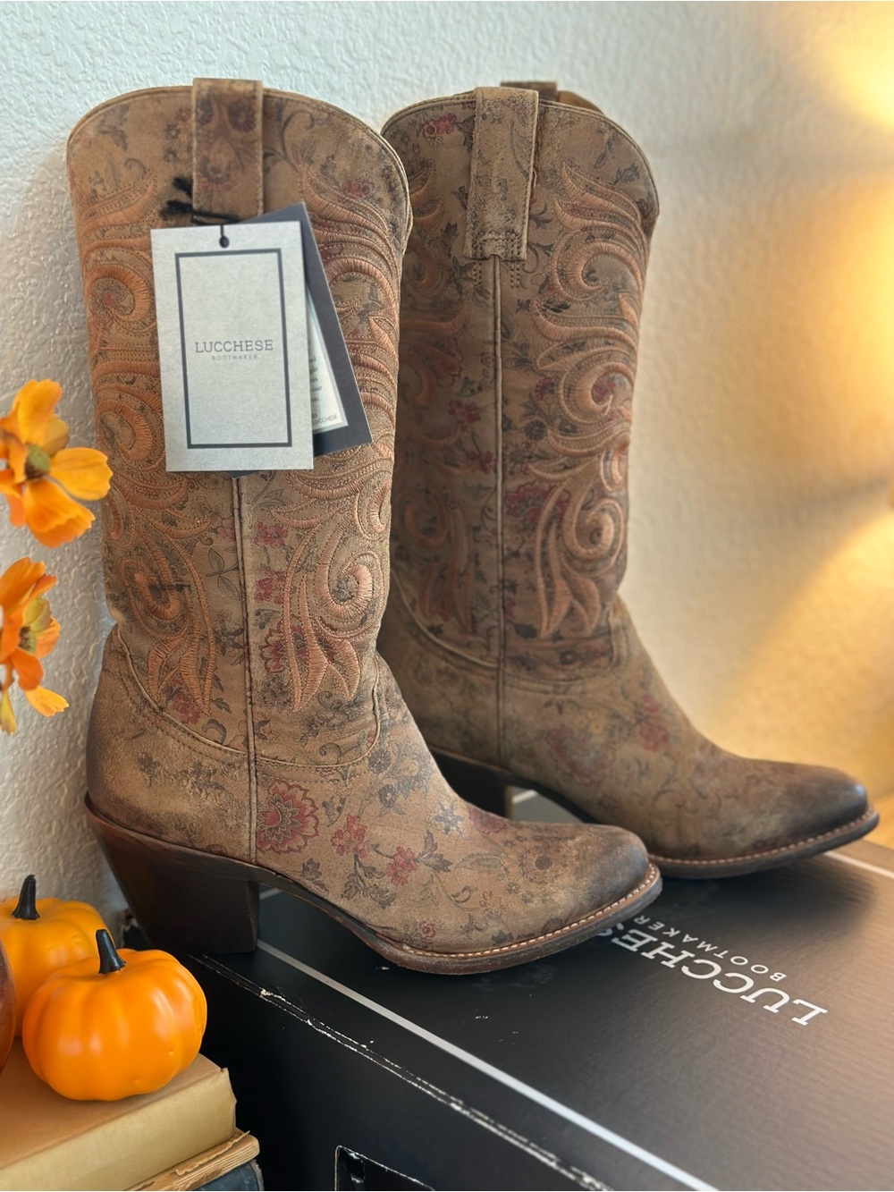 Lucchese Floral Embroidered Western Boots - Brown with Pink Accents